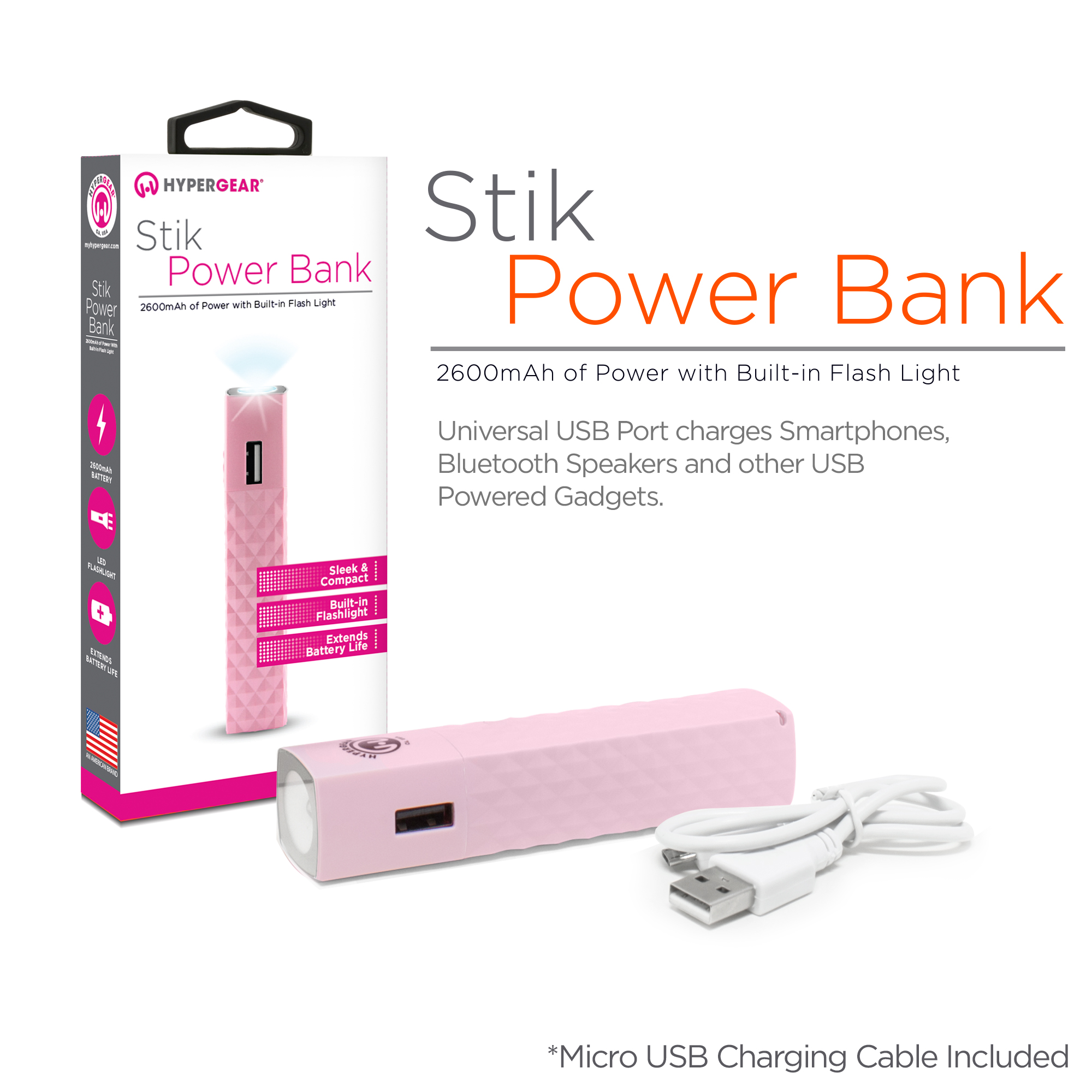 HyperGear Stik Power Bank 2600mAh with Flash Light Pink